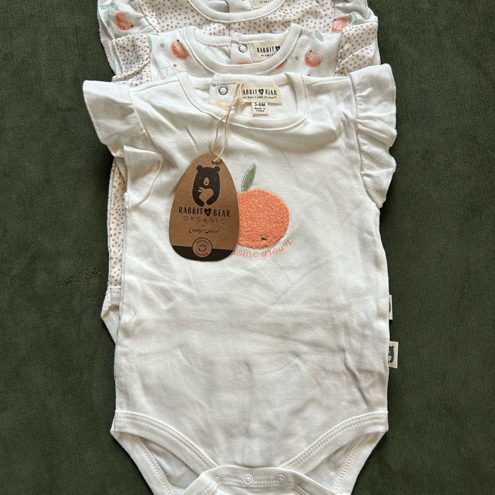 Rabbit + Bear Organic Baby Bodysuits - White and Orange